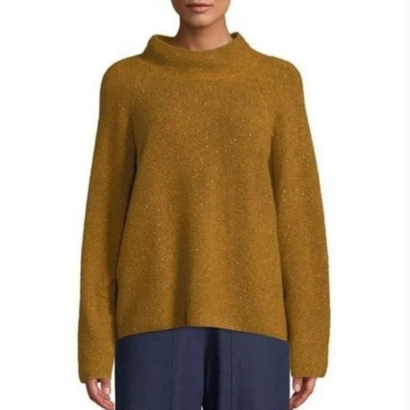 Eileen Fisher Tweedy Funnel-Neck Sweater Mustard Gold - Picture 7 of 7